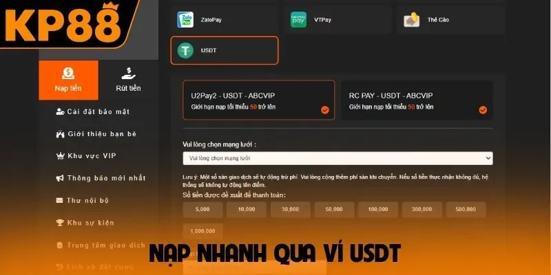 Nạp nhanh qua ví USDT